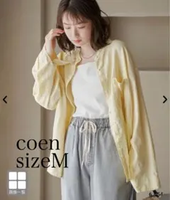 coen 長袖ブラウス シャツ リネンレーヨンバンドカラー イエロー