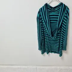 美品✨ターコイズと黒　ストライプ　長袖カットソー　【フリー】　お出かけ　デート
