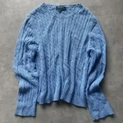 レア　ケーブルニット　ロゴ　刺繍　ピンク　ローレン　ラルフローレン　水色　古着