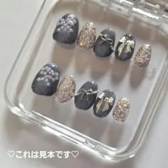 【オーダー制】リボン グレーパープル マグネット ネイルチップ ショートオーバル