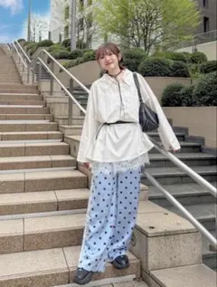 完売新品　サテン 水玉模様 ワイドレッグパンツ アディダスadidas サイズL