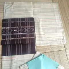 紬　袷　着物　横段　正絹　ホワイト