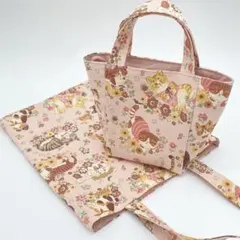 ハンドメイド ミニトートバッグ　ぺたんこトートバッグ 　猫柄　ピンク