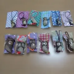 フクロウ　ハンドメイド木製ストラップ　キーホルダー　12個セット