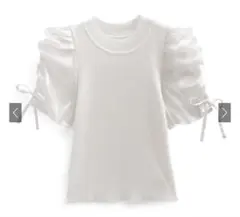 GRL オーガンジードロストスリーブニット トップス ホワイトパフスリーブニット