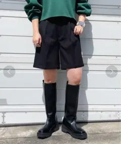 【PAGE BOY/ページボーイ】黒プリーツ入りワイドハーフパンツ ウールライク
