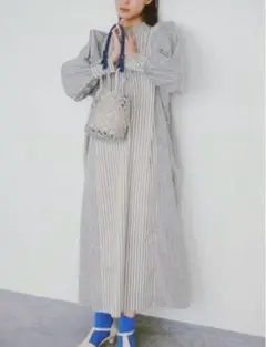 美品 KBF×GreenParks ストライプ パフスリーブ ロングワンピ F
