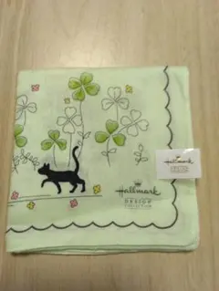 ★未使用★Hallmark 猫とクローバー柄 ハンカチ ミントグリーンのサムネイル