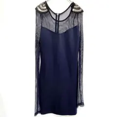 シャーロットリュッセ ビジュー付メッシュ切替タイトワンピース ドレスネイビー S