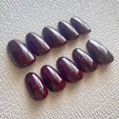 ボルドー　ネイルチップ　シンプルネイル　ワンカラー　ラメネイル　オフィスネイル