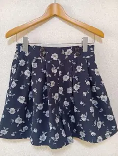 キュロットフレアスカート 　フラワープリント　ネイビー
