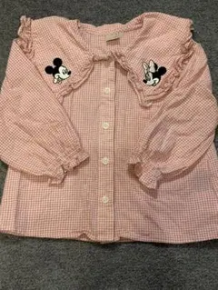 プティマイン　ミッキー ミニー刺繍 長袖シャツ ピンクチェック