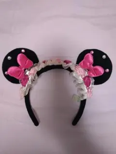 ミニー耳カチューシャ 花　バラ　フリル　ピンク　パール　リボン