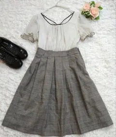 レストローズ 水玉 シフォン チェック ワンピース 日本製 M フリル袖 綺麗め