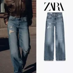 ZARA TRF ダメージ ミッドライズ ワイドレッグジーンズ 32