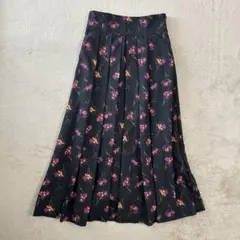 【美品】テチチ 花柄ギャザーフレアスカート M ブラック 裏地有 上品 ロング丈