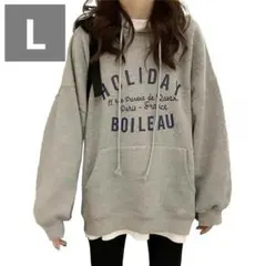 レディースL パーカー長袖 ゆったり大きいサイズ グレーロゴ薄手 オーバーサイズ