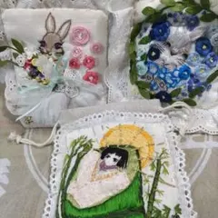 いのさん様専用　手刺しゅう麻(リネン)巾着袋　　5点