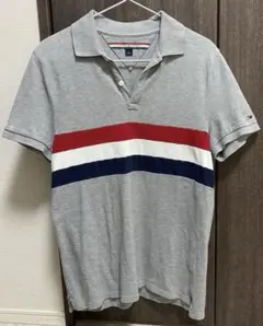 【美品】TOMMY HILFIGER グレー ストライプ ポロシャツ M