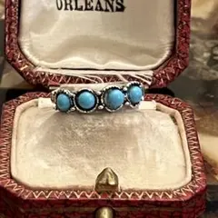 英国　イギリス　ヴィンテージ　玩具　トルコ石風　4連　銀色　リング　7号　指輪