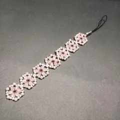 ハンドメイド　花モチーフ ビーズ ストラップ ピンク