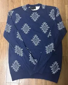 ネイビー 幾何学模様 クルーネックセーターXS美品