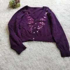 ローラアシュレイ　ウールアンゴラ　刺繍デザイン　ニットカーディガン　パープル　Мのサムネイル