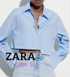 ZARA クロップドポプリンシャツ サックス ストライプ USAＳ