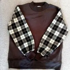 レディース　トレーナー　サイズM 茶色袖チェック　裏起毛