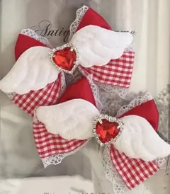 量産型　ヘアリボンピン　 赤チェック×天使の羽ホワイト