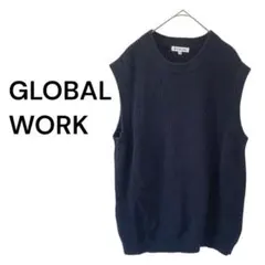 グローバルワーク　シンプルニットベスト　ゆったり　ネイビー　リネン混　Mサイズ