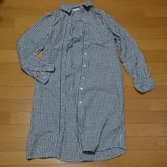 チェック 長袖シャツワンピース ネイビー×ホワイト