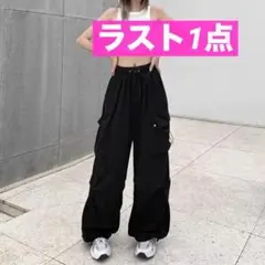 カーゴパンツ ワイドパンツ 黒 XLサイズ ストリート スノーカモ 韓国 裾絞り