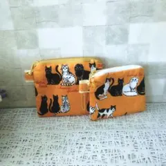 ねこ柄ポーチ　2点セット　ミニポーチ　フラットポーチ　猫　ネコ