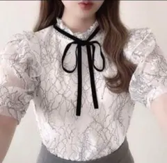 ベロアリボン付き配色花柄レースフリルトップス[pm221a]