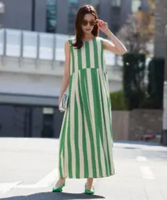 【ELFRANK】ノースリーブロングワンピース グリーンストライプ