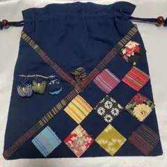 和柄 巾着袋 ふくろう 3連飾り パッチワーク 藍染風 絣 絞りハンドメイド小物
