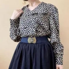 レリアン パターン柄 ダブルボタンブラウス 昭和レトロ ヴィンテージ 紺 日本製