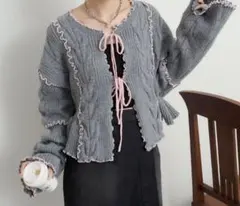 完売品　配色メロウケーブルリボンカーディガン