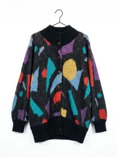 幾何学模様 ニットカーディガン 長袖 古着