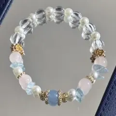 アクアマリンとローズクォーツのデザインブレスレット 水晶 天然石ブレスレット