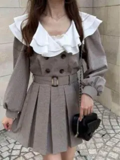 グレイル　ベルト付きチェック柄フリルカラープリーツミニワンピース[tu832]