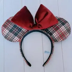 東京ディズニーリゾート ミニー　カチューシャ チェック柄　赤　ボルドー　リボン