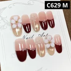 現品ネイルチップ　ミディアムオーバル　3D5枚花ワインレッドマグネット正月成人式