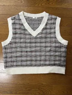 ブラウン チェック柄 ニットベスト Vネック