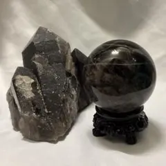 天然石 モリオン 黒水晶 スフィア＆原石クラスター 2点セット 台座付き 魔除け