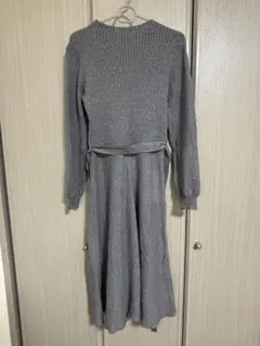 【index】ニットワンピース グレー リブ編み ロング丈 ウエストマーク