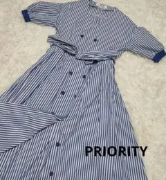 Priority　ストライプ半袖シャツワンピース　ブルー　38　Aラインのサムネイル