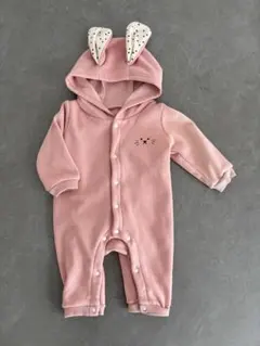 裏起毛うさぎロンパース・カバーオール　うさ耳フード付き　60-70cm