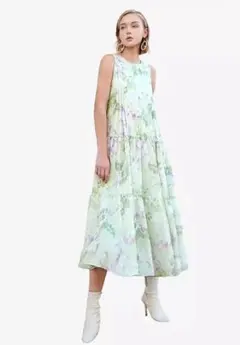【SaturdayClub】花柄 ティアードワンピース ライトグリーン S